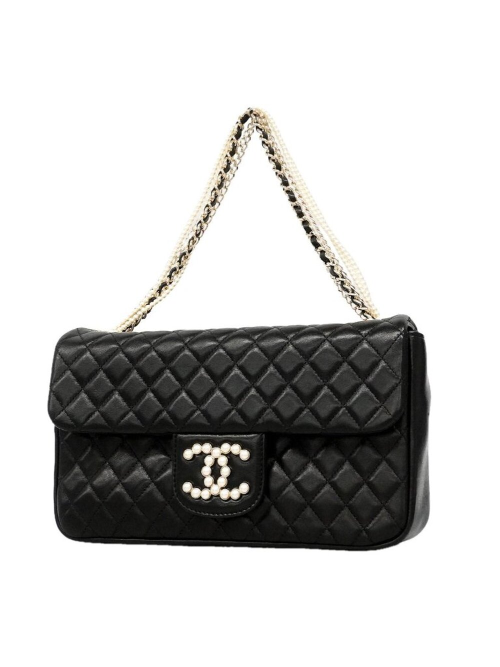 Chanel Shoulder Bag Quilted Westminster Lambskin Faux Pearl Black Champagne Gold